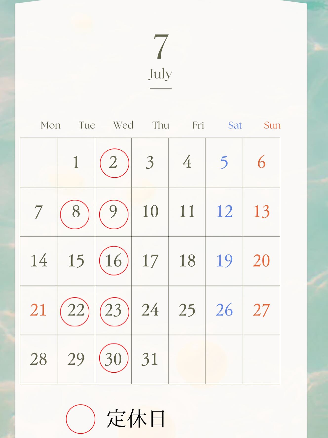 ルパサージュです︎

いつも投稿をご覧頂きありがとうございます🏻‍♂️

7月定休日のお知らせです

今月もたくさんのパンを焼いてお待ちしております🥐